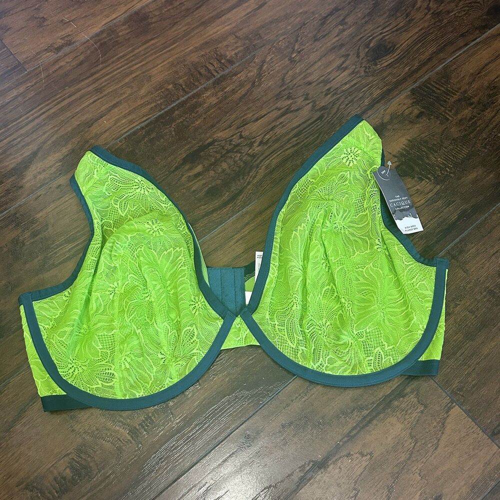 Cacique Flower Lace Unlined High Apex Bra 44G Underwire Neon Green NWT